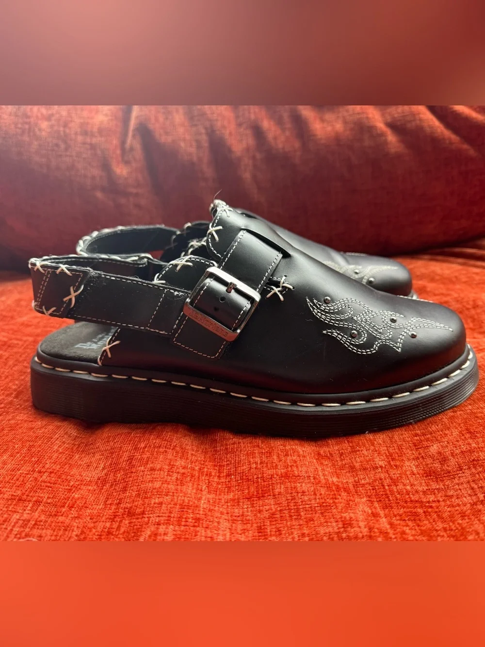 Dr. Martens Black Leather Buckle Slip-On Loafers with White Stitch Detail - Picture 12 of 16